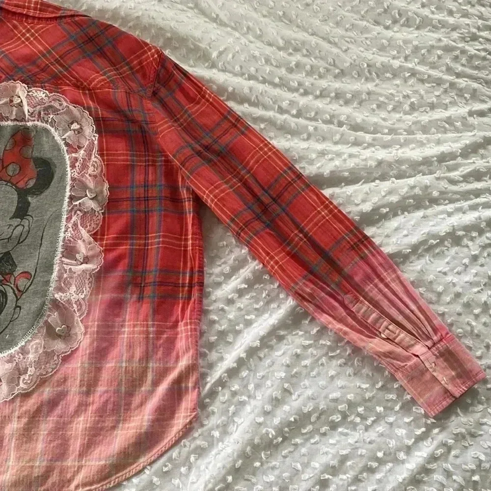 Jcrew Up Cycled Women Handmade Bleach Disney Minnie Mouse Flannel Sz 12 - Picture 5 of 11